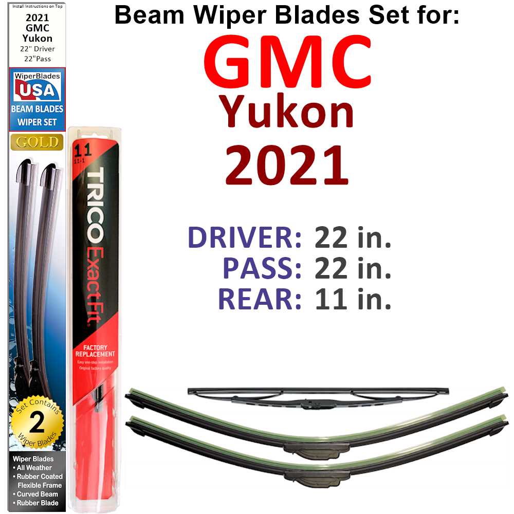 Set of 3 Beam Wiper Blades designed for 2021 GMC Yukon, showcasing their flexible and durable construction.