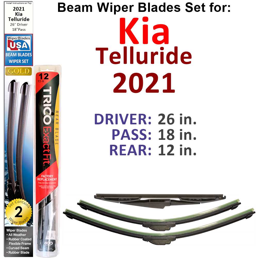 Set of 3 Beam Wiper Blades designed for 2021 Kia Telluride, showcasing their sleek design and durable construction.