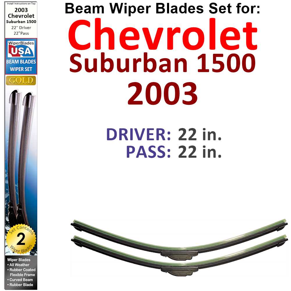 Set of two Beam Wiper Blades designed for 2003 Chevrolet Suburban 1500, showcasing their flexible and durable construction.