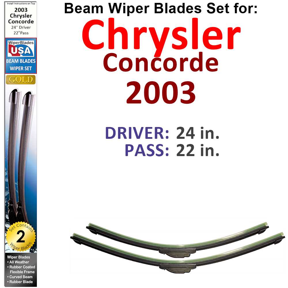 Set of two Beam Wiper Blades designed for 2003 Chrysler Concorde, showcasing their flexible and durable design.