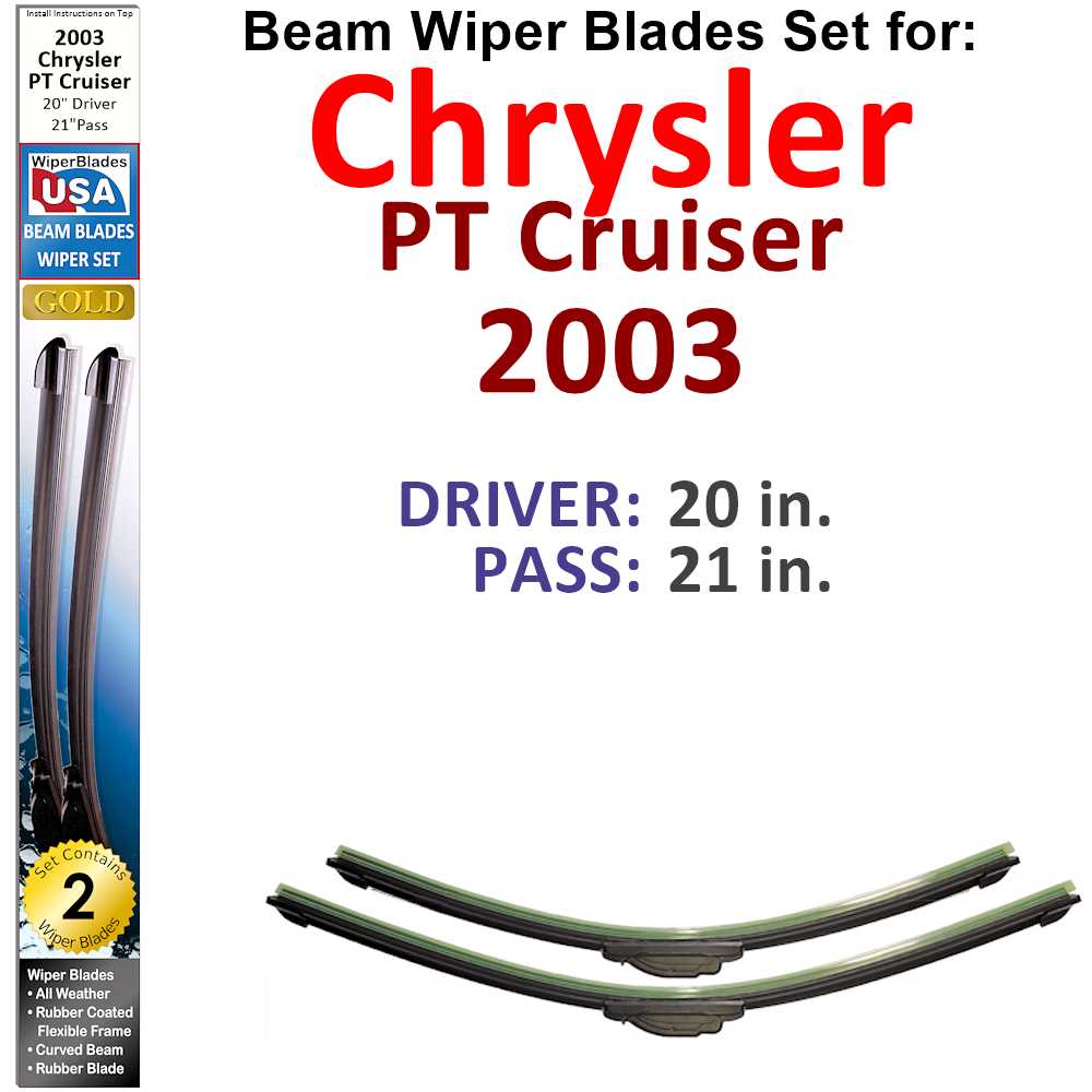 Set of two Beam Wiper Blades designed for 2003 Chrysler PT Cruiser, showcasing their flexible and durable construction.