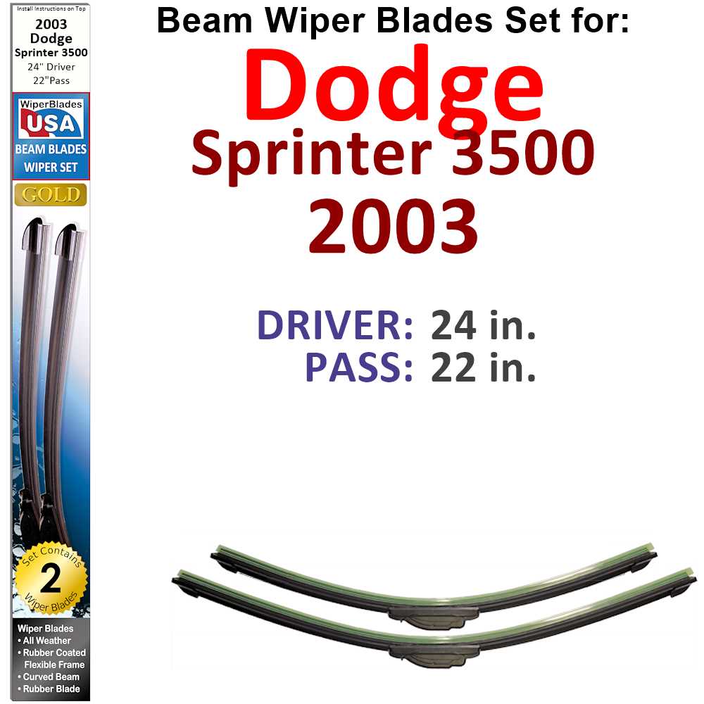 Set of 2 Beam Wiper Blades designed for 2003 Dodge Sprinter 3500, showcasing their flexible and durable design.