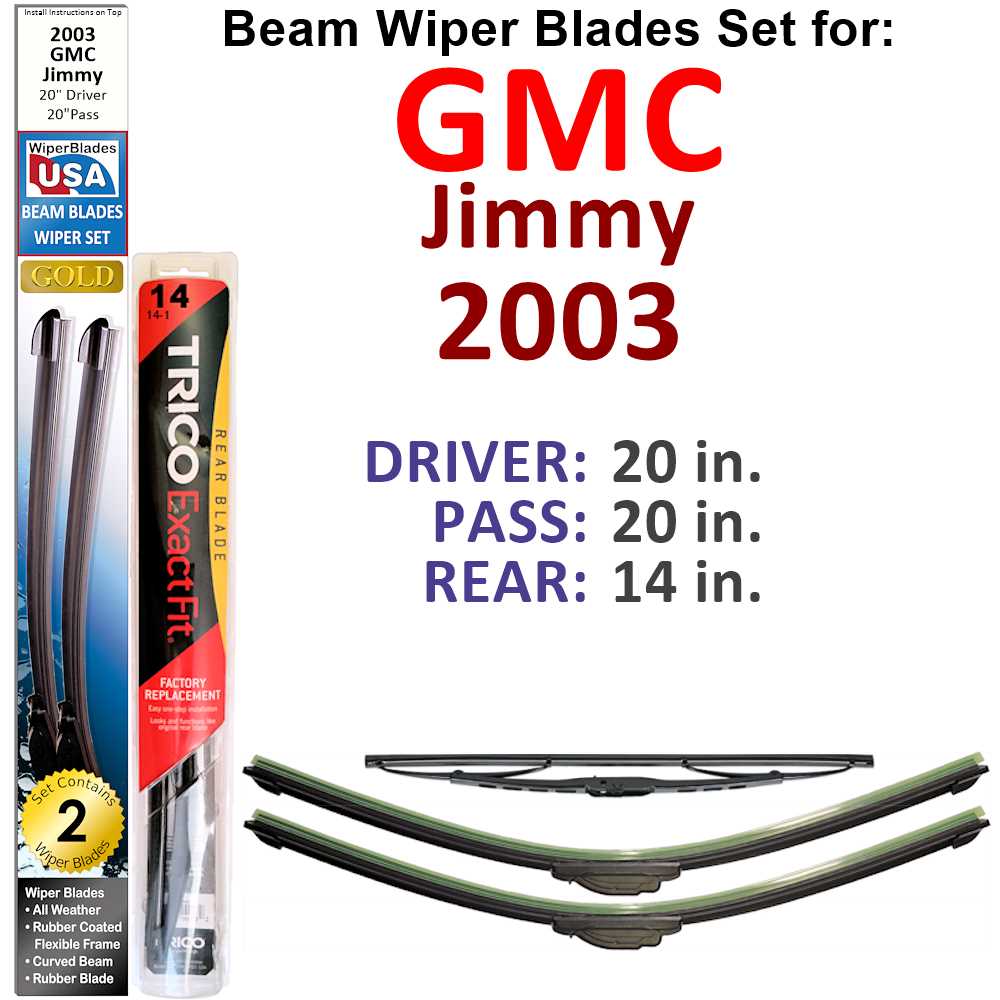 Set of 3 Beam Wiper Blades for 2003 GMC Jimmy, showcasing their flexible design and rubber-encased metal spine.