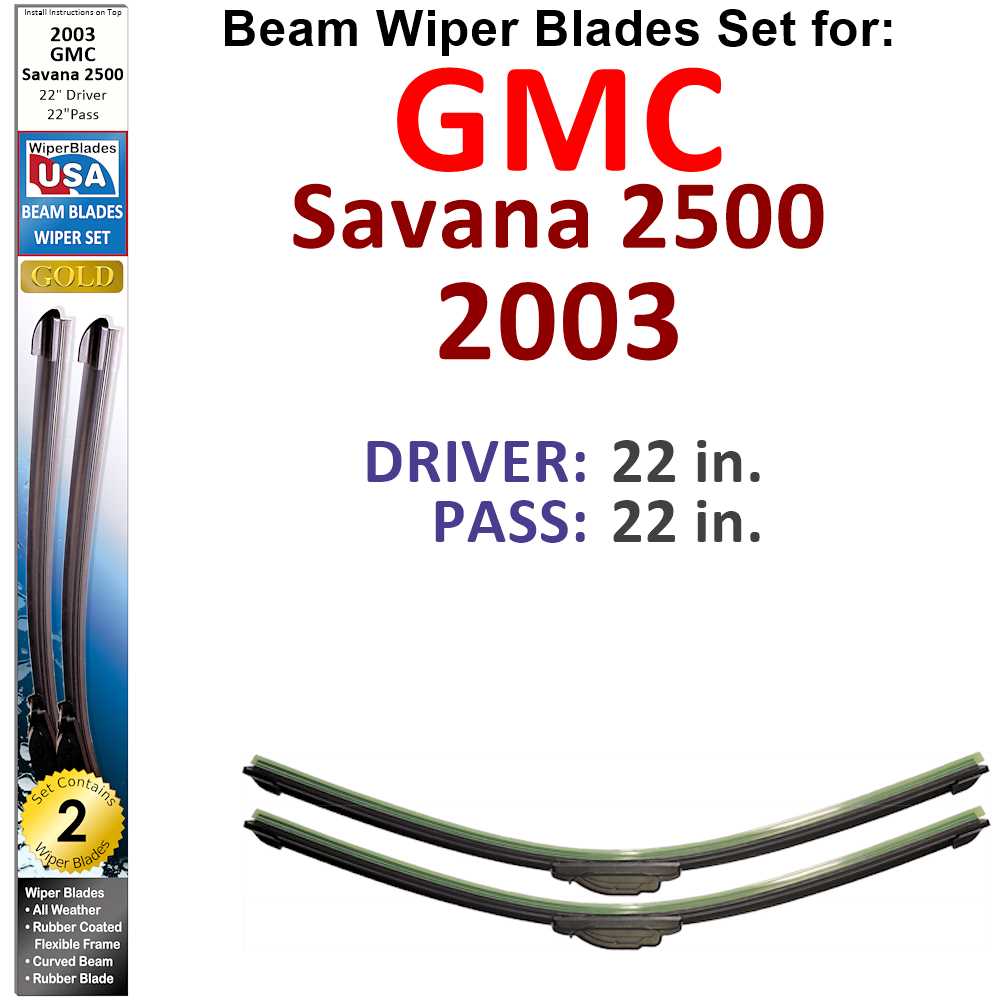 Set of two Beam Wiper Blades designed for 2003 GMC Savana 2500, showcasing their flexible and durable construction.