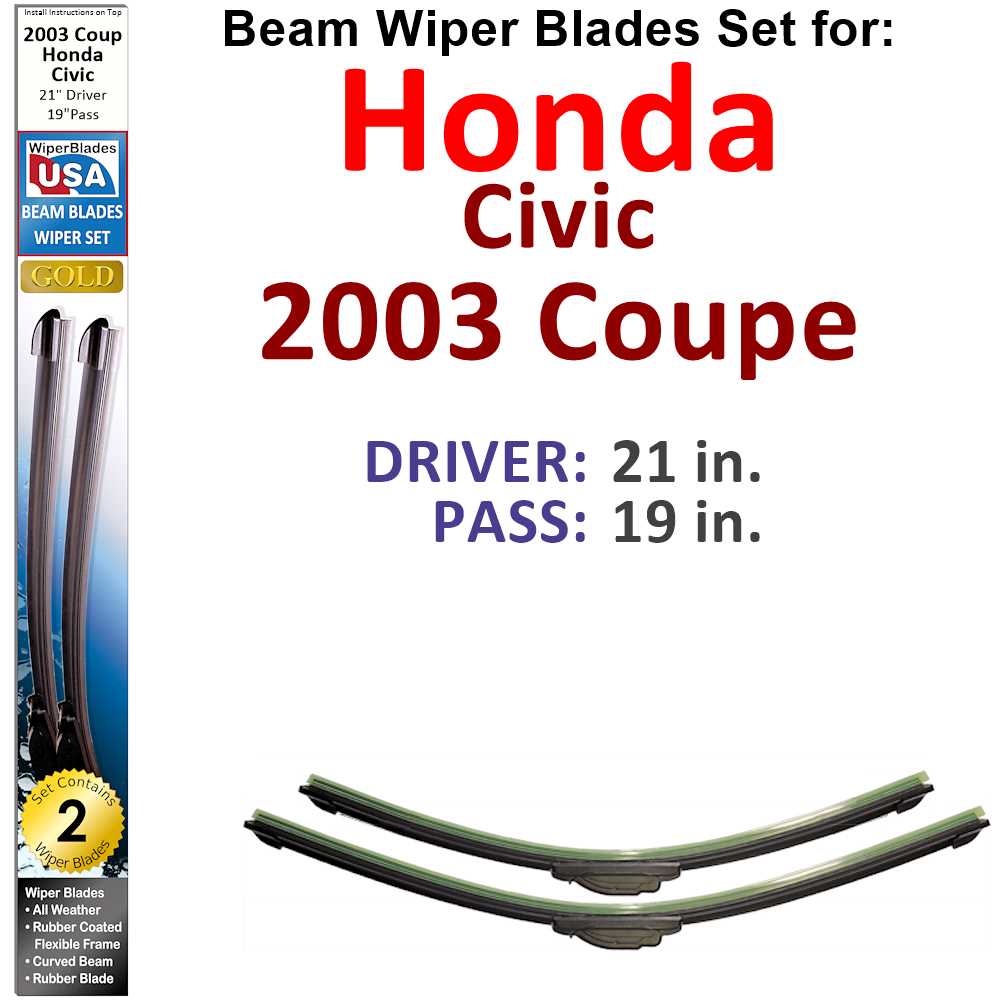 Set of 2 Beam Wiper Blades designed for 2003 Honda Civic DX Coupe, showcasing their flexible and durable construction.