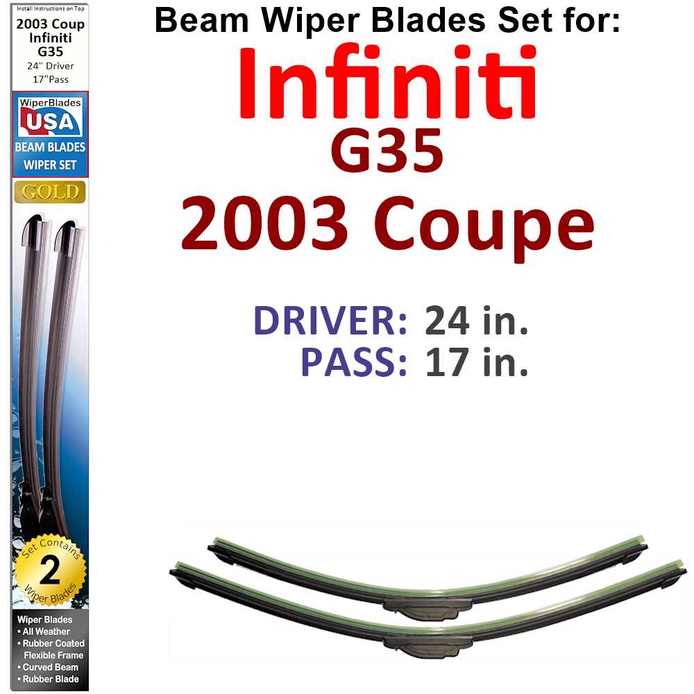 Set of two Beam Wiper Blades designed for 2003 Infiniti G35 Coupe, showcasing their flexible and durable construction.