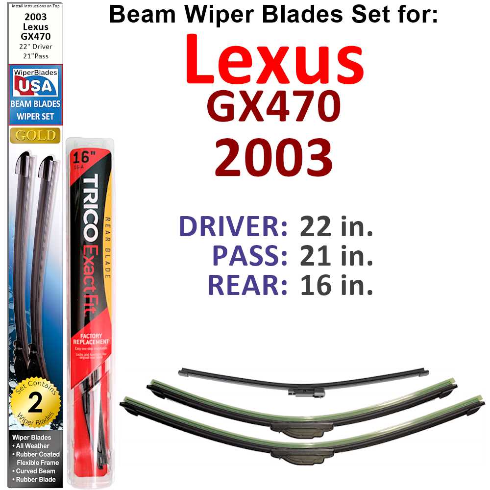 Set of 3 Beam Wiper Blades designed for 2003 Lexus GX470, showcasing their flexible and durable construction.