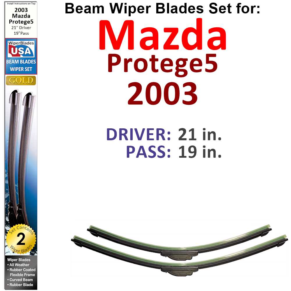 Set of two Beam Wiper Blades designed for 2003 Mazda Protege5, showcasing their flexible and durable construction.