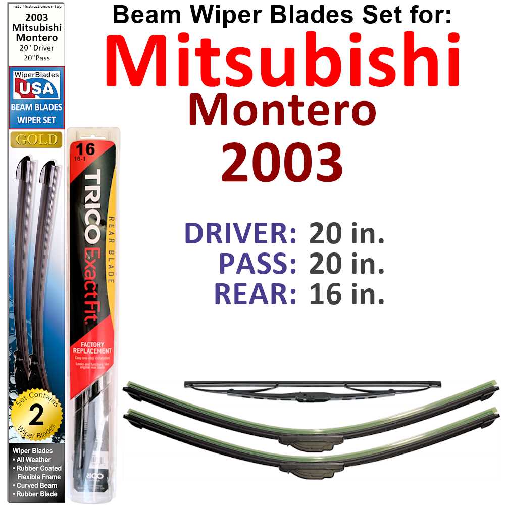 Set of 3 Beam Wiper Blades designed for 2003 Mitsubishi Montero, showcasing their flexible and durable construction.