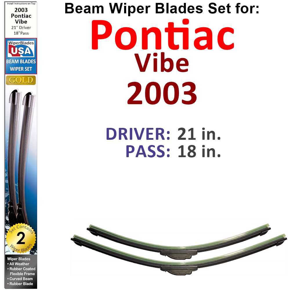 Set of two Beam Wiper Blades designed for 2003 Pontiac Vibe, showcasing their flexible and durable construction.