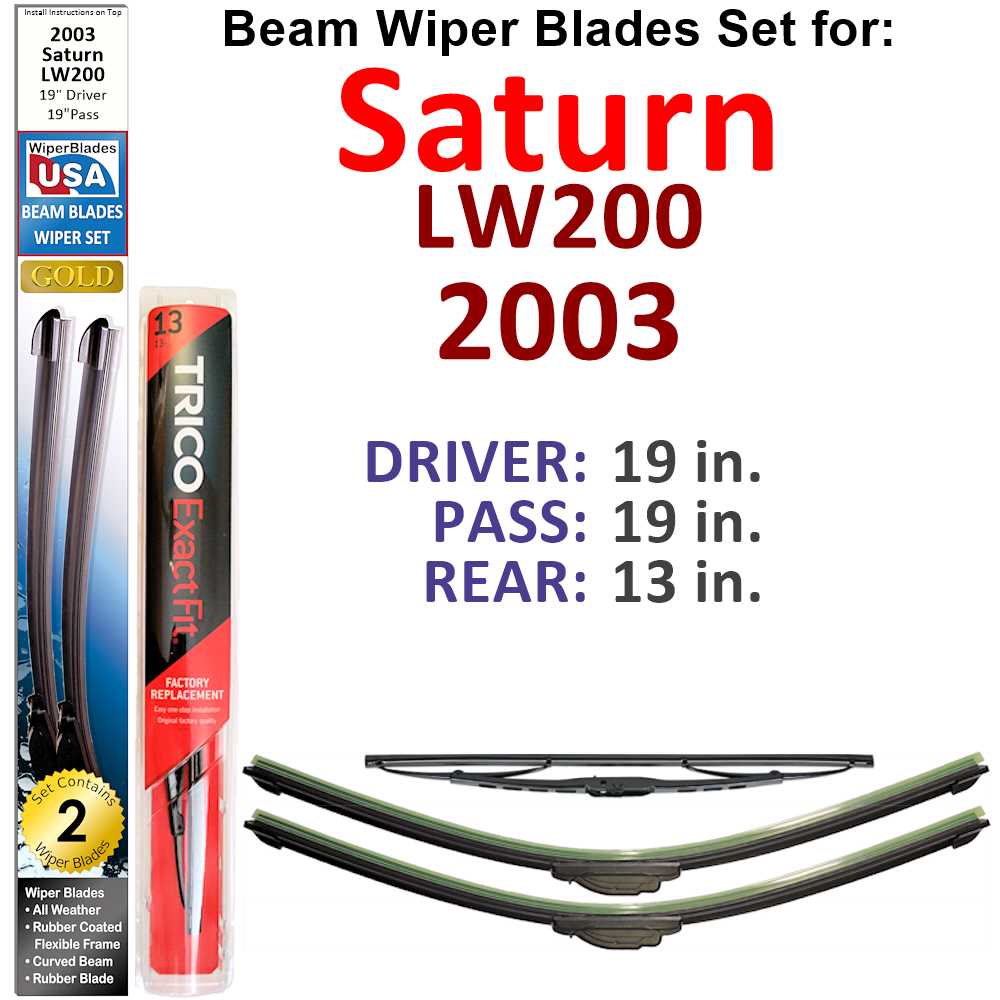 Set of 3 Beam Wiper Blades designed for 2003 Saturn LW200, showcasing their flexible and durable design.