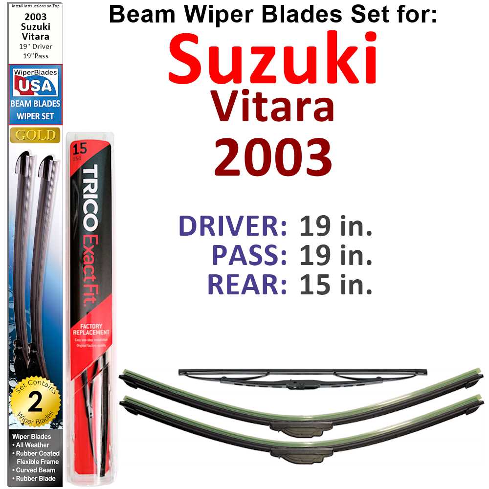 Set of 3 Beam Wiper Blades designed for 2003 Suzuki Vitara, showcasing their flexible and durable construction.