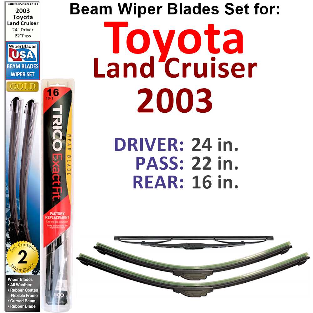 Set of 3 Beam Wiper Blades for 2003 Toyota Land Cruiser, showcasing their flexible design and rubber-encased metal spines.