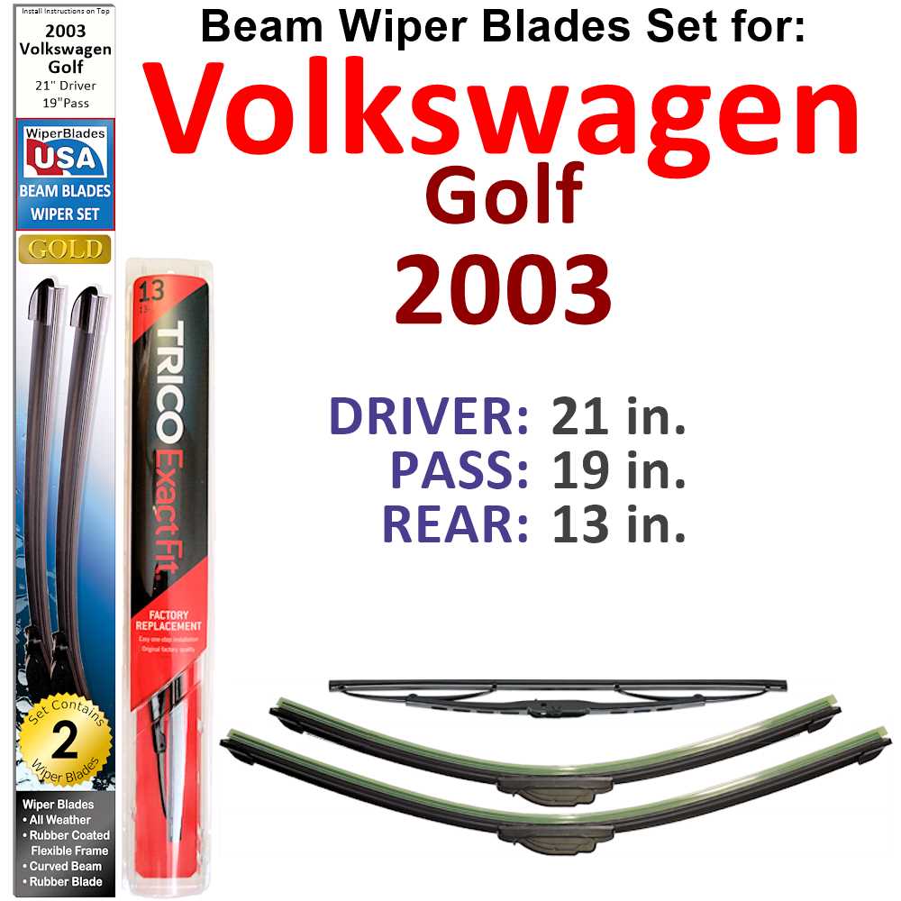 Set of 3 Beam Wiper Blades designed for 2003 Volkswagen Golf, showcasing their flexible and durable design.