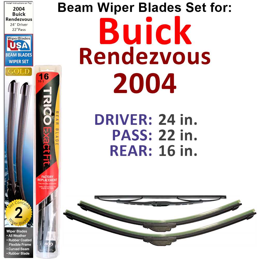 Set of 3 Beam Wiper Blades designed for 2004 Buick Rendezvous, showcasing their flexible and durable construction.