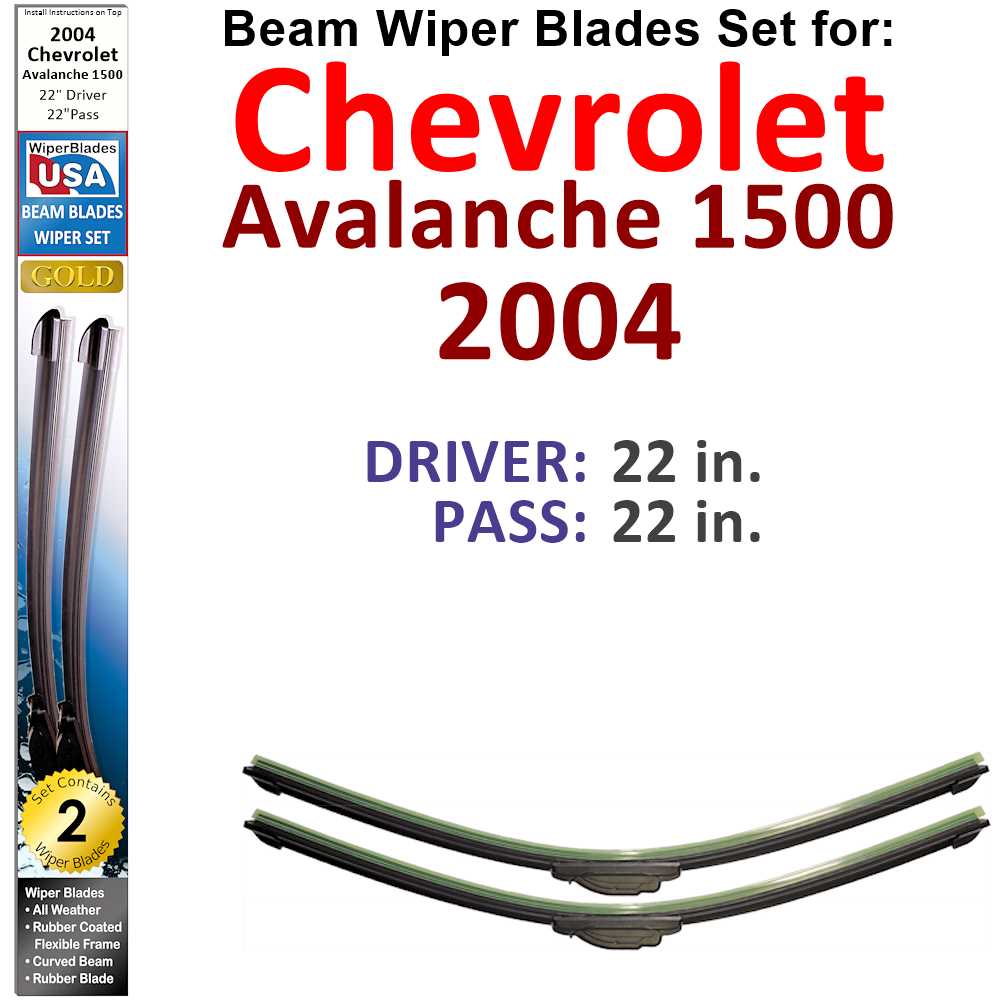 Set of 2 Beam Wiper Blades designed for 2004 Chevrolet Avalanche 1500, showcasing their flexible and durable construction.