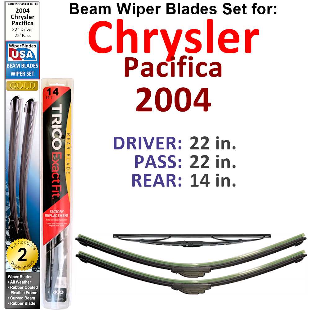 Set of 3 Beam Wiper Blades designed for 2004 Chrysler Pacifica, showcasing their flexible and durable construction.
