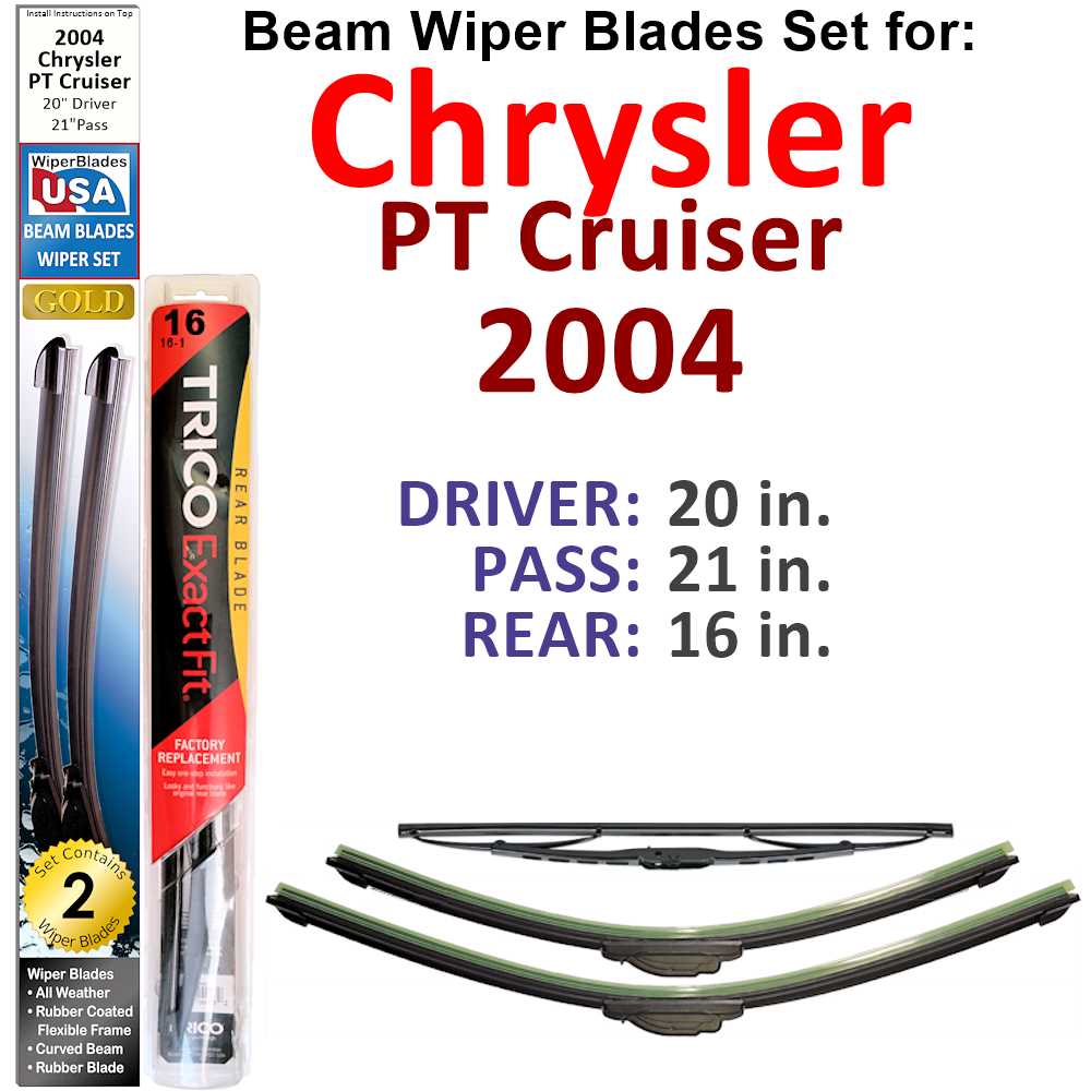 Set of 3 Beam Wiper Blades designed for 2004 Chrysler PT Cruiser, showcasing their flexible and durable construction.