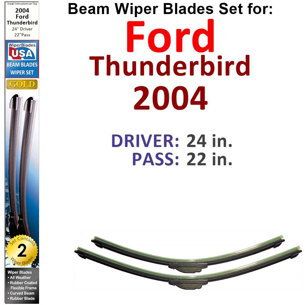 Set of 2 Beam Wiper Blades designed for 2004 Ford Thunderbird, showcasing their flexible and durable design.