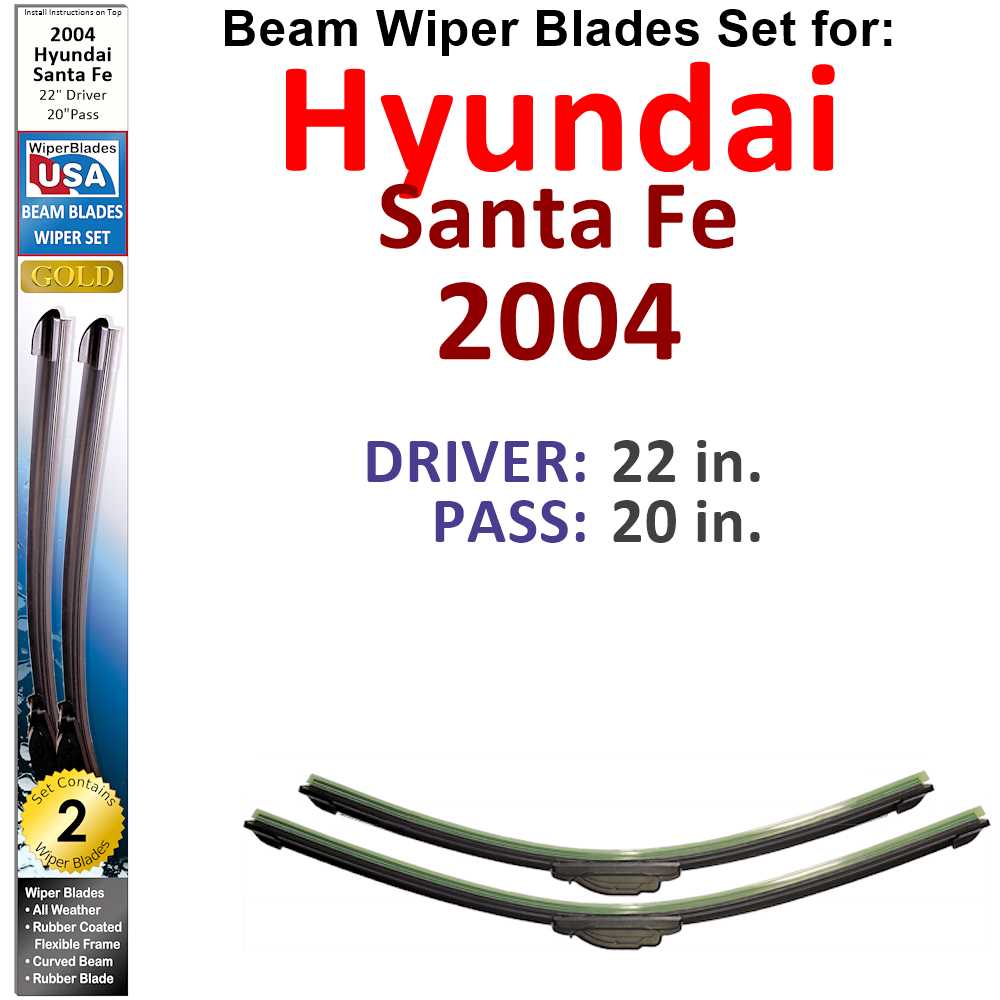 Set of two Beam Wiper Blades designed for 2004 Hyundai Santa Fe, showcasing their sleek design and durable construction.