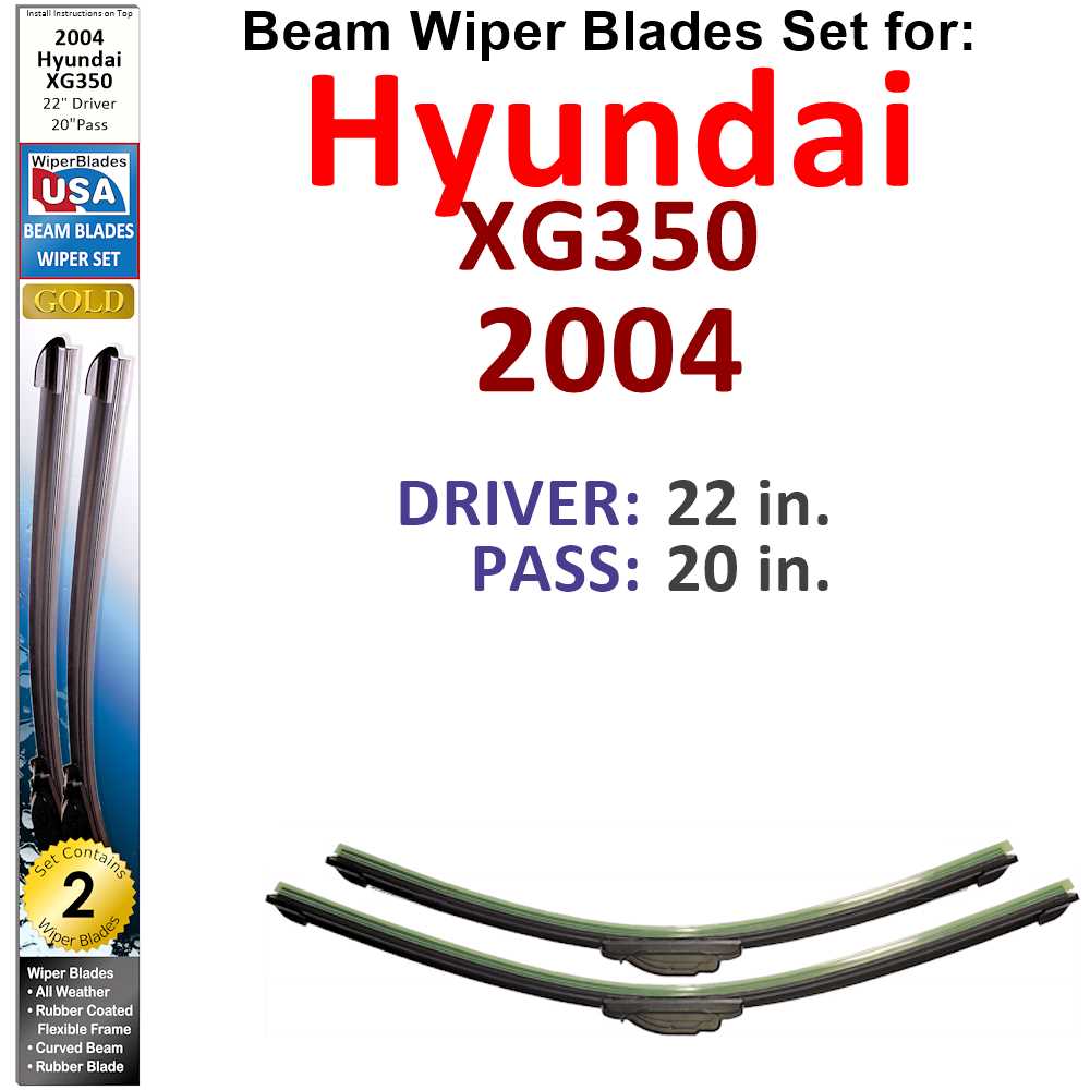 Set of two Beam Wiper Blades designed for 2004 Hyundai XG350, showcasing their flexible and durable construction.