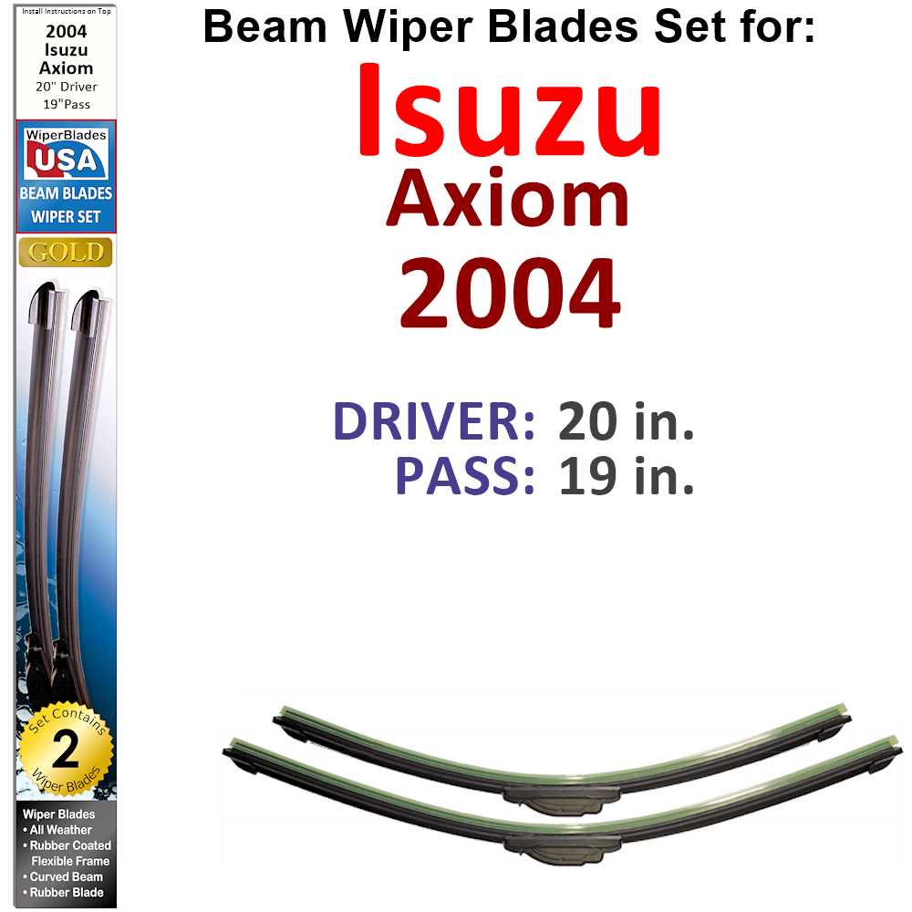 Set of 2 Beam Wiper Blades designed for 2004 Isuzu Axiom, showcasing their flexible and durable construction.