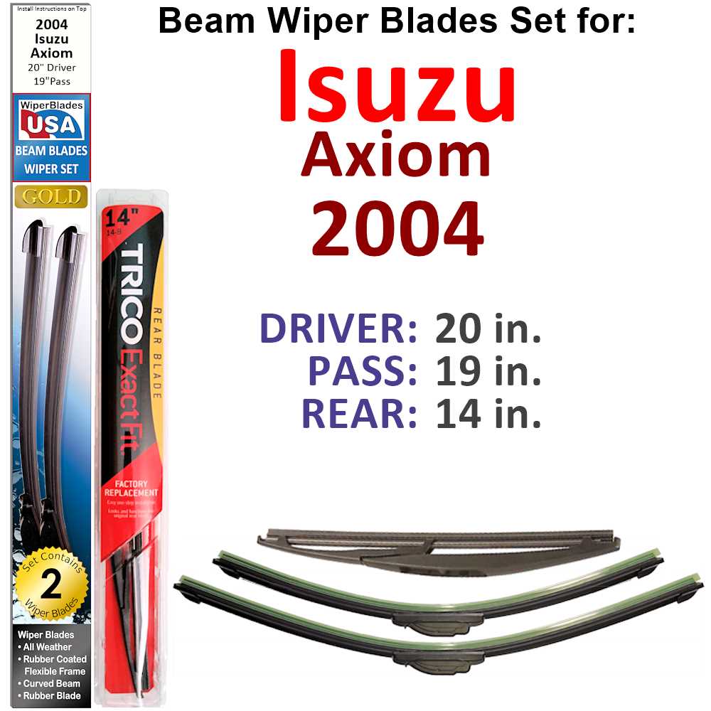 Set of 3 Beam Wiper Blades designed for 2004 Isuzu Axiom, showcasing their flexible and durable construction.