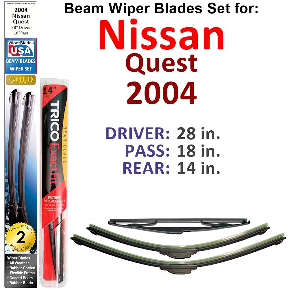 Set of 3 Beam Wiper Blades designed for 2004 Nissan Quest, showcasing their flexible and durable construction.