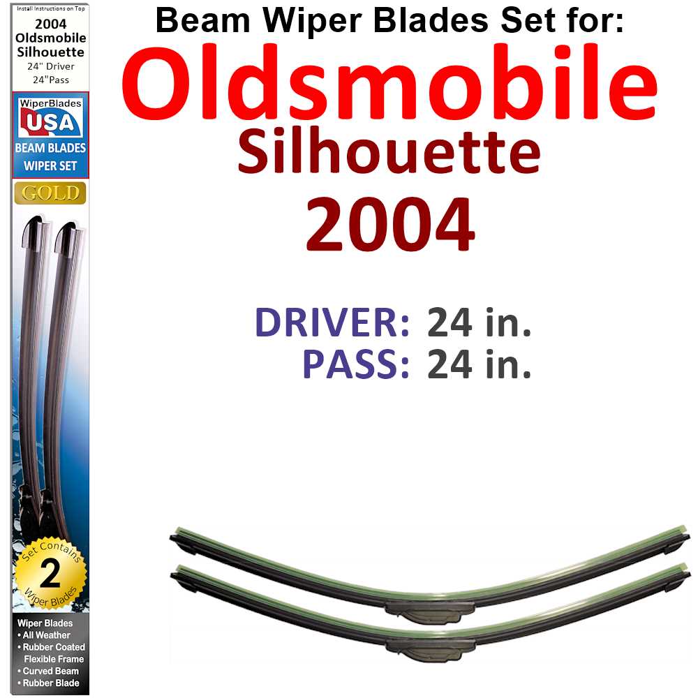 Set of 2 Beam Wiper Blades designed for 2004 Oldsmobile Silhouette, showcasing their flexible and durable construction.