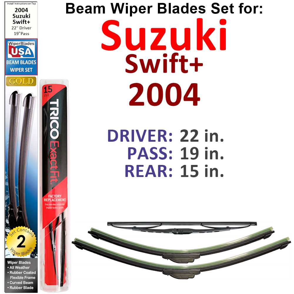 Set of 3 Beam Wiper Blades designed for 2004 Suzuki Swift+, showcasing their flexible and durable design.