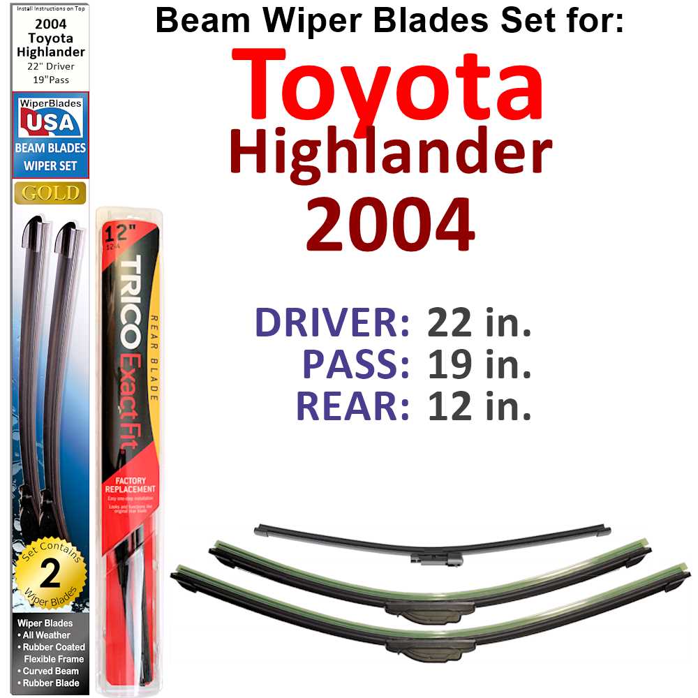 Set of 3 Beam Wiper Blades designed for 2004 Toyota Highlander, showcasing their flexible and durable construction.