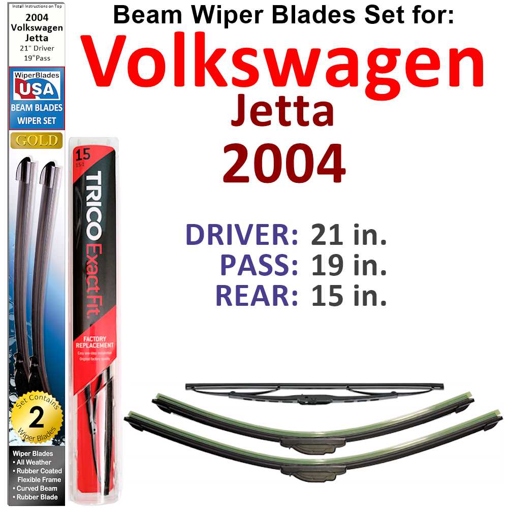 Set of 3 Beam Wiper Blades designed for 2004 Volkswagen Jetta, showcasing their flexible and durable construction.