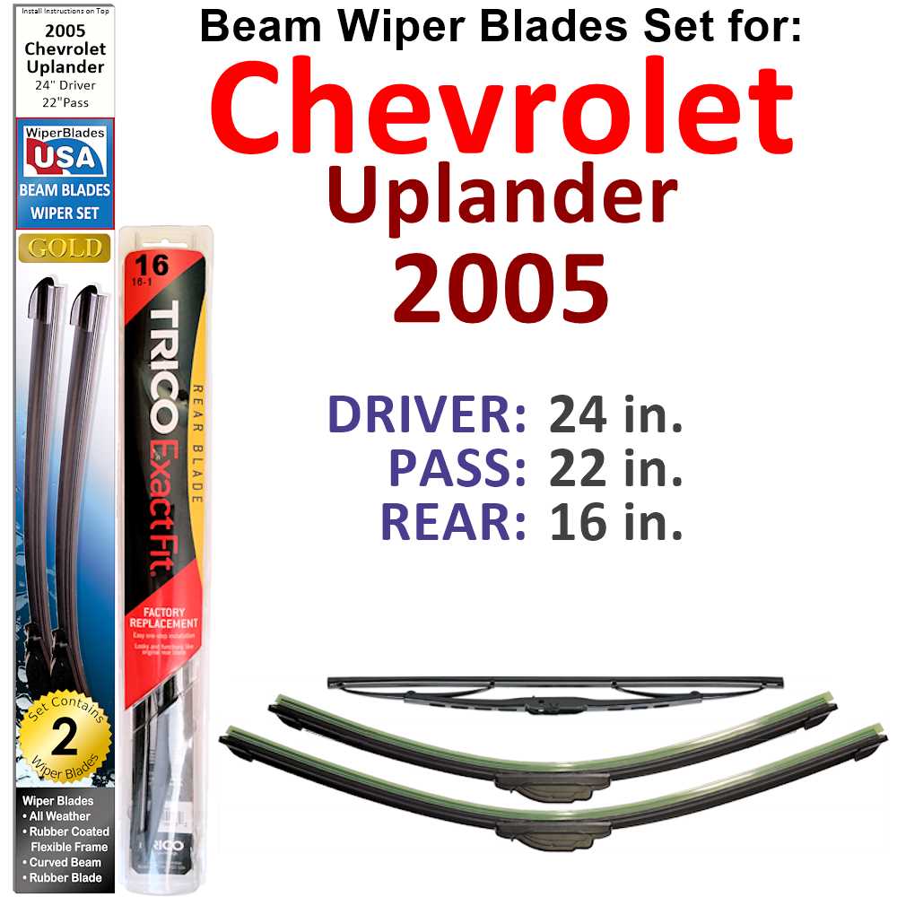 Set of 3 Beam Wiper Blades designed for 2005 Chevrolet Uplander, showcasing their flexible and durable construction.