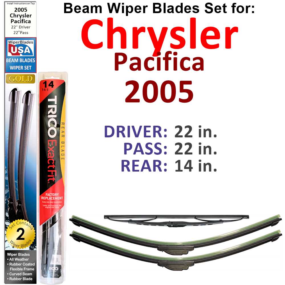 Set of 3 Beam Wiper Blades designed for 2005 Chrysler Pacifica, showcasing their flexible and low-profile design.