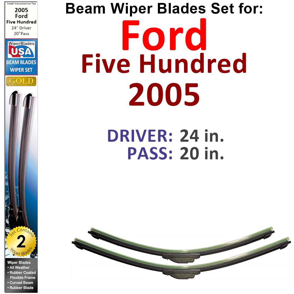 Set of two Beam Wiper Blades designed for 2005 Ford Five Hundred, showcasing their flexible and durable construction.