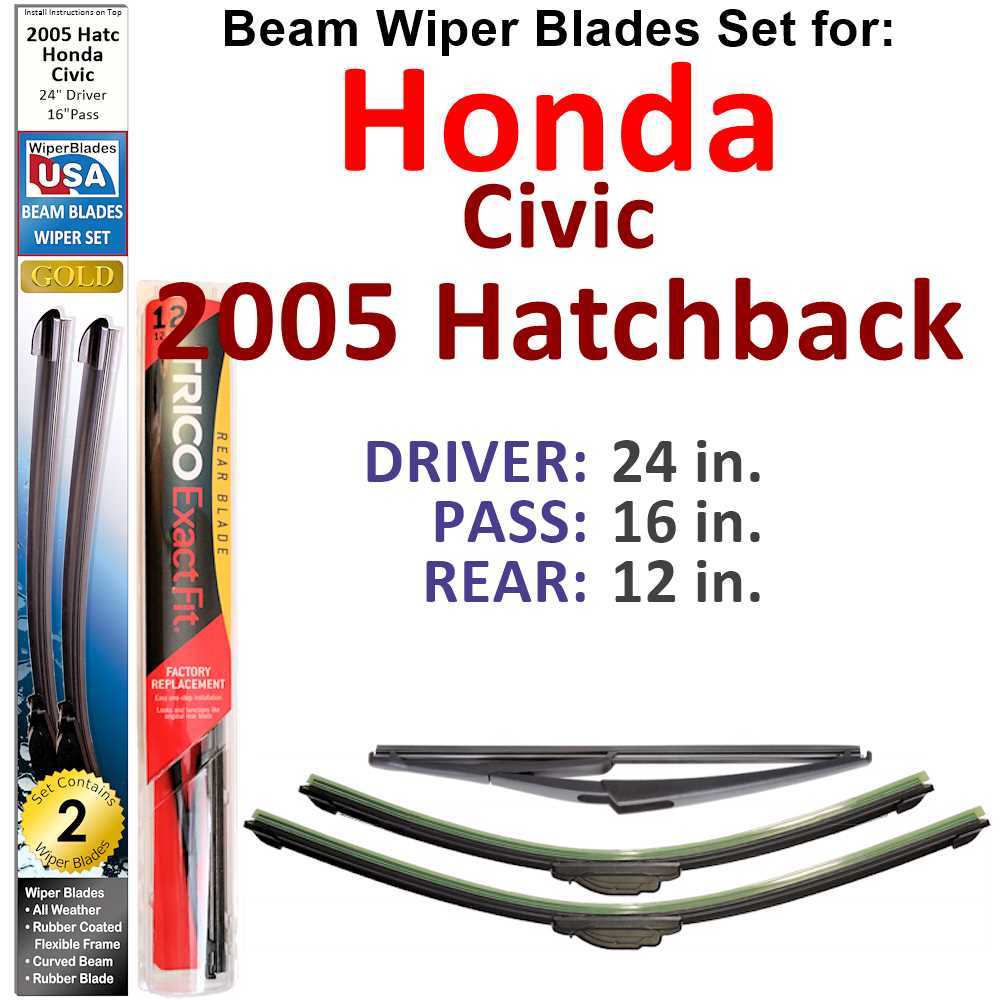 Set of 3 Beam Wiper Blades designed for 2005 Honda Civic Si Hatchback, showcasing their flexible and durable construction.