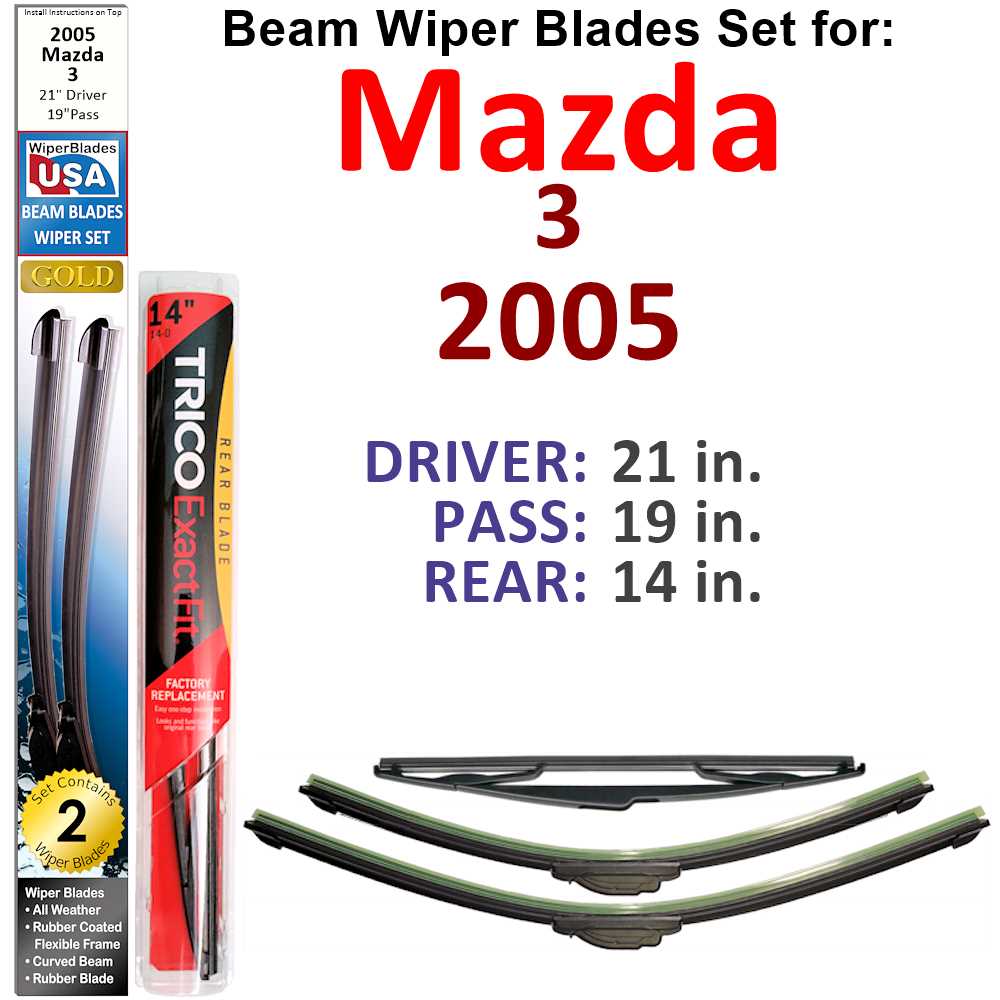 Set of 3 Beam Wiper Blades designed for 2005 Mazda 3, showcasing their flexible and durable construction.