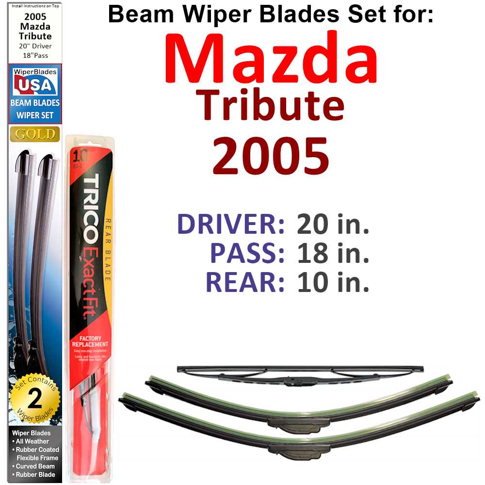 Set of Beam Wiper Blades for 2005 Mazda Tribute, showcasing three blades with different sizes for driver, passenger, and rear wipers.