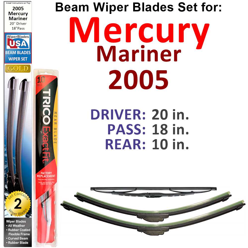 Set of 3 Beam Wiper Blades designed for 2005 Mercury Mariner, showcasing their flexible and durable construction.