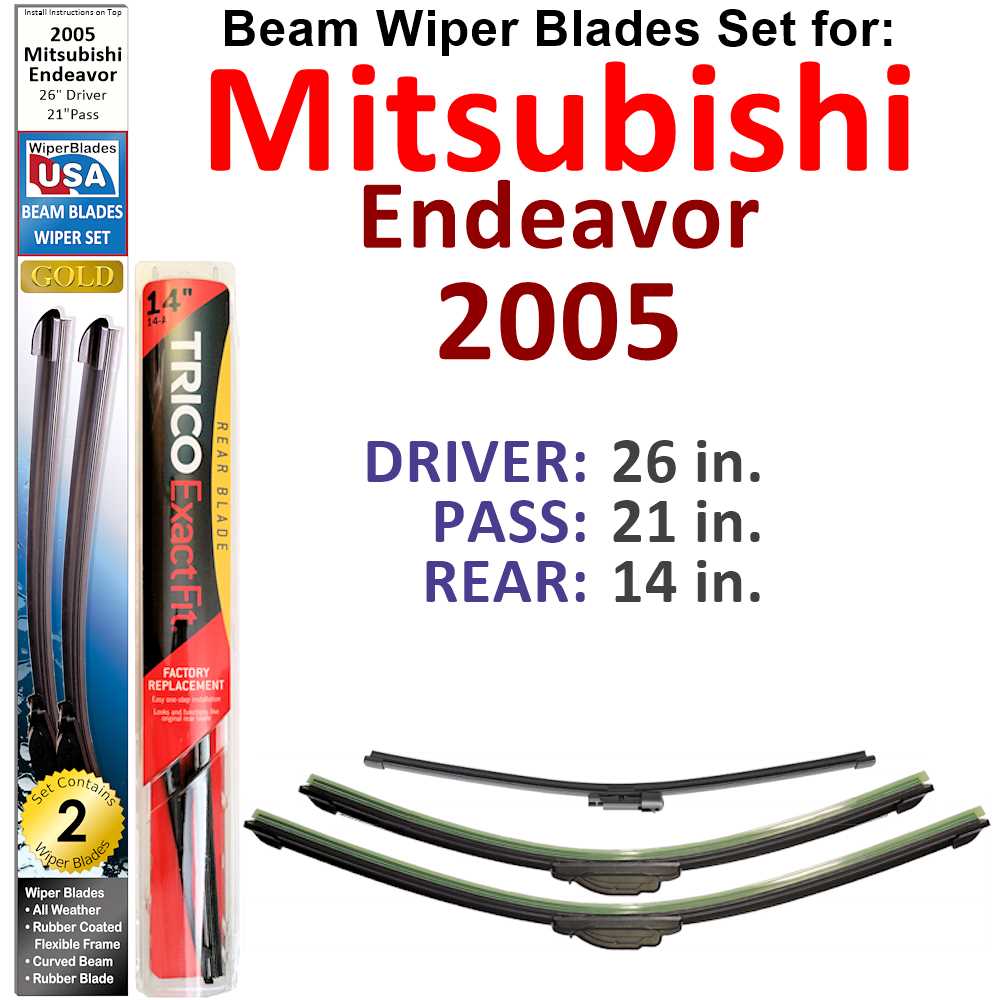 Set of 3 Beam Wiper Blades designed for 2005 Mitsubishi Endeavor, showcasing their flexible and durable construction.