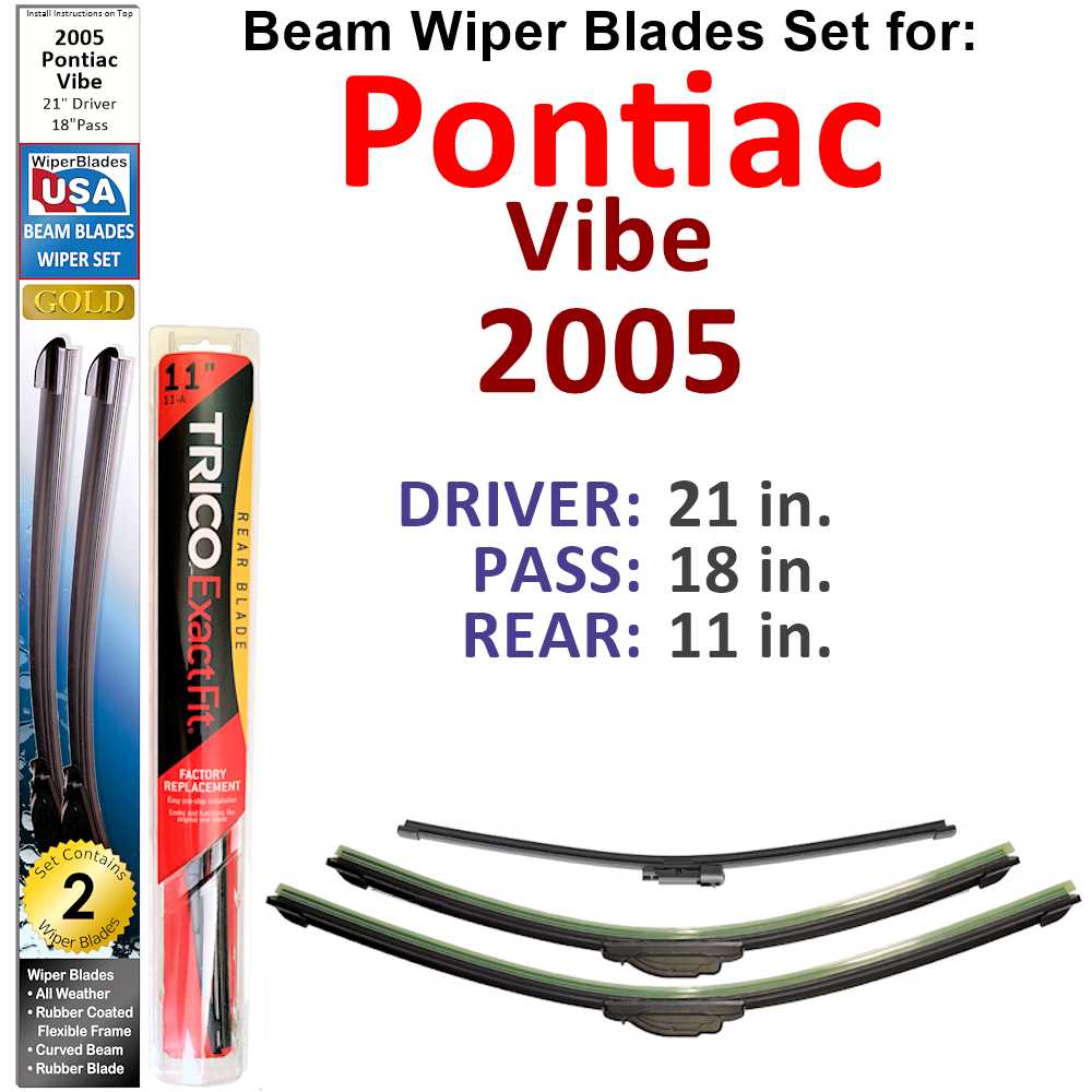 Set of 3 Beam Wiper Blades designed for 2005 Pontiac Vibe, showcasing their flexible and durable construction.