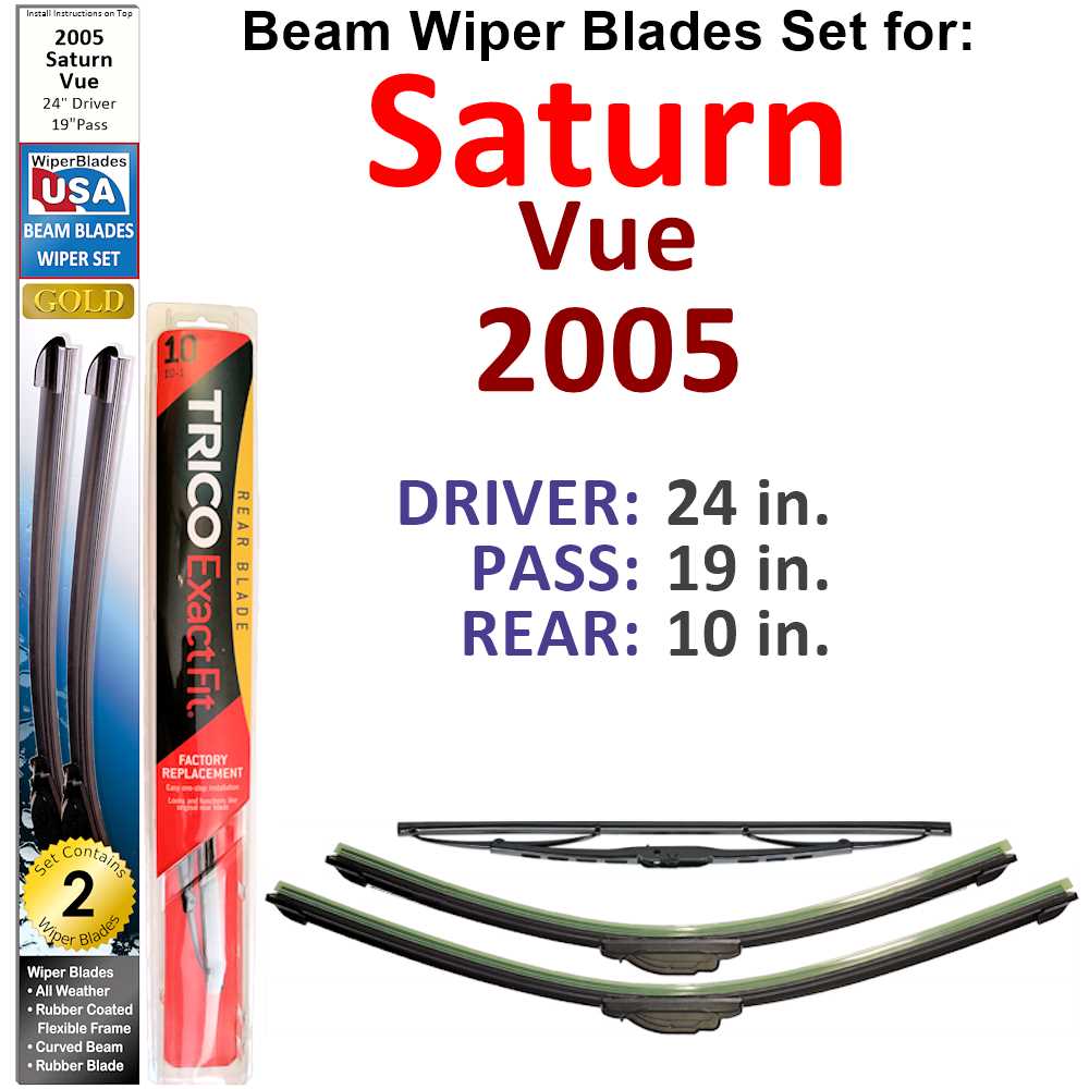 Set of 3 Beam Wiper Blades for 2005 Saturn Vue, showcasing their flexible design and rubber-encased metal spine.