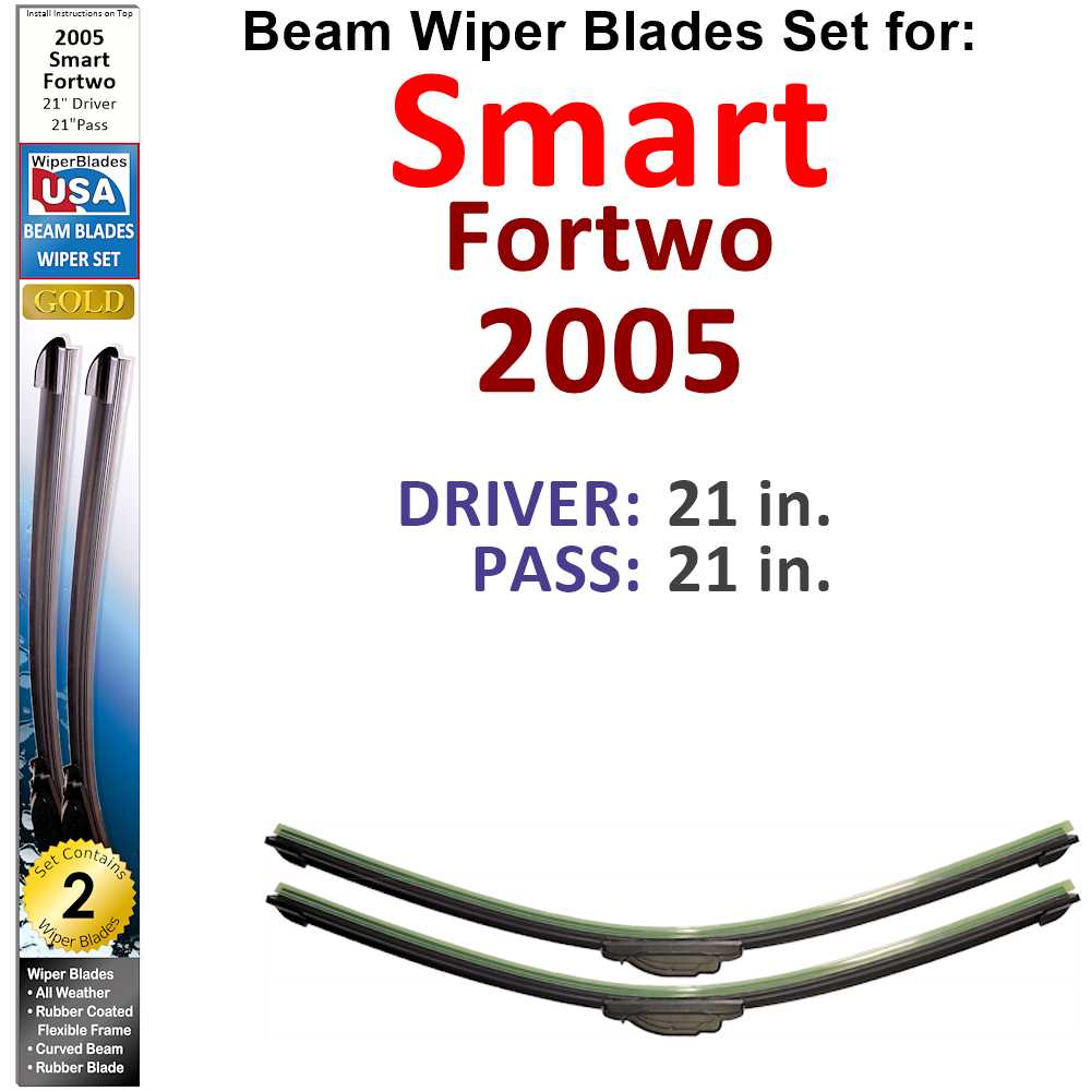 Set of 2 Beam Wiper Blades designed for 2005 Smart Fortwo, showcasing their flexible and durable construction.