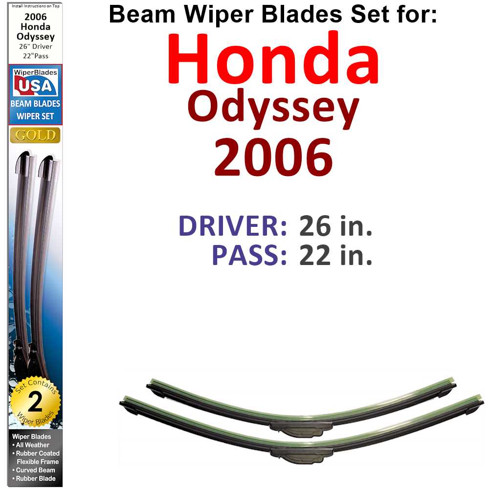 Set of two Beam Wiper Blades designed for 2006 Honda Odyssey, showcasing their flexible and durable construction.