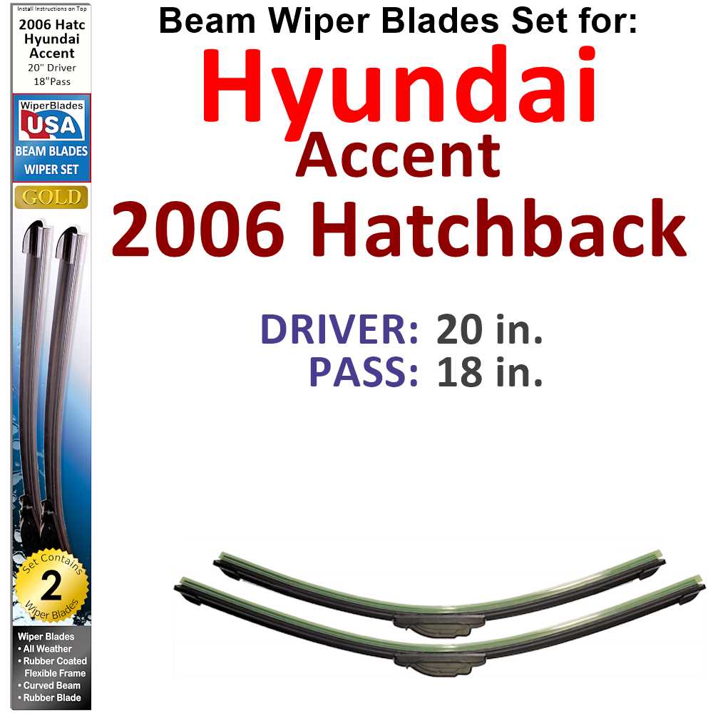 Set of two Beam Wiper Blades designed for 2006 Hyundai Accent Hatchback, showcasing their flexible and durable construction.