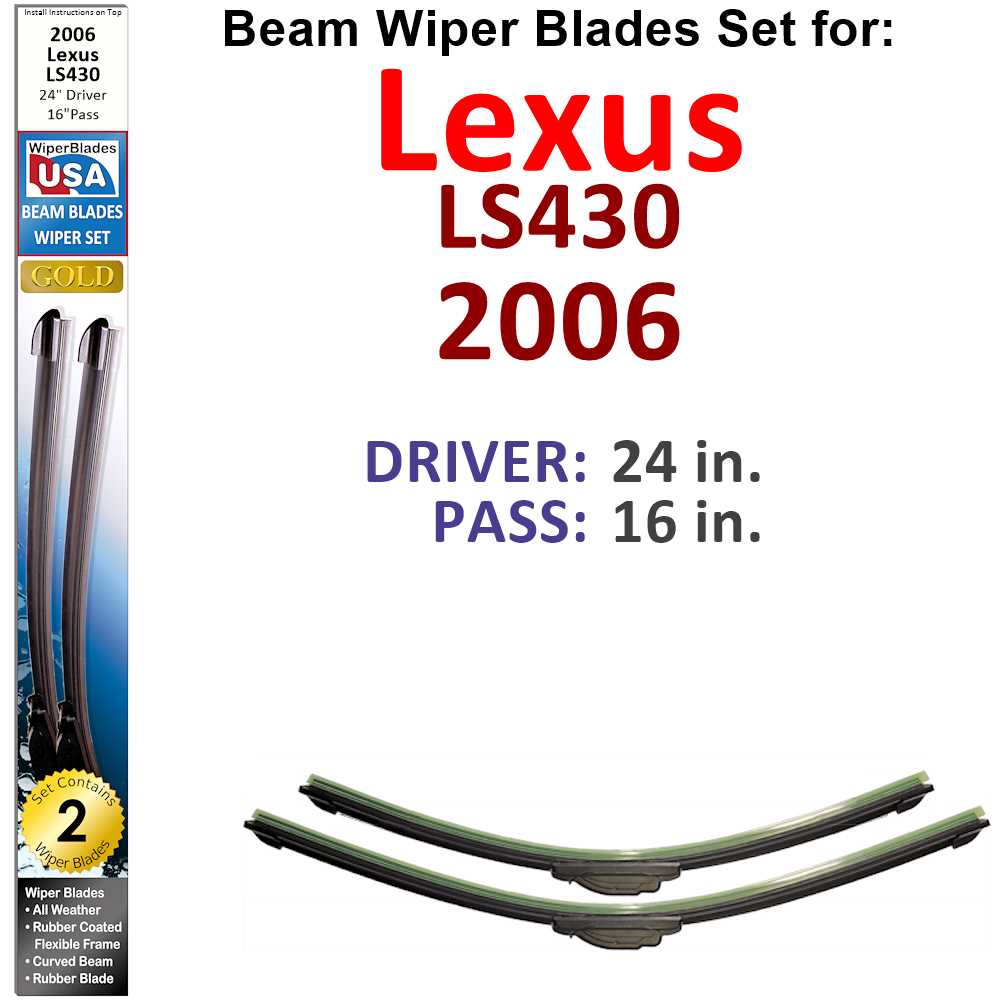 Set of two Beam Wiper Blades designed for 2006 Lexus LS430, showcasing their flexible and durable construction.