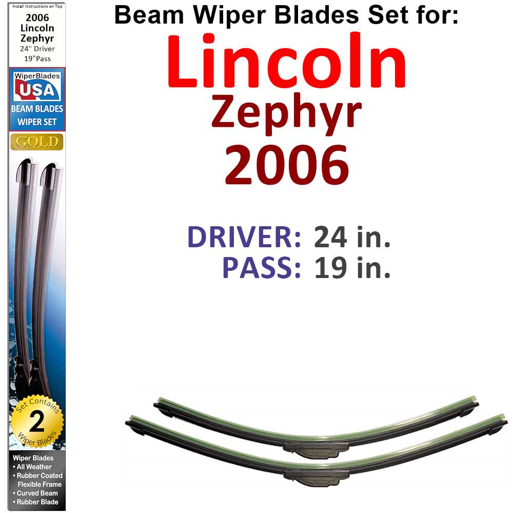 Set of 2 Beam Wiper Blades designed for 2006 Lincoln Zephyr, showcasing their flexible and durable construction.