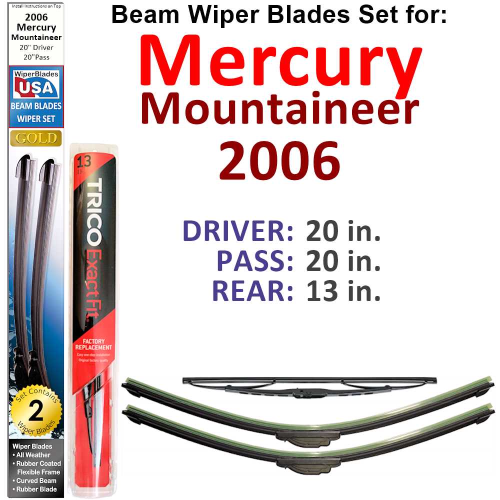 Set of 3 Beam Wiper Blades designed for 2006 Mercury Mountaineer, showcasing their flexible and durable construction.