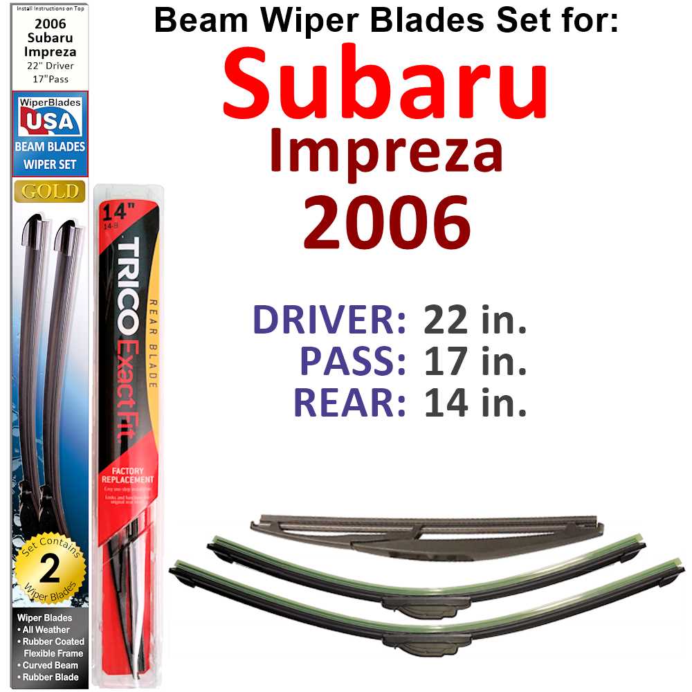 Set of 3 Beam Wiper Blades for 2006 Subaru Impreza, showcasing their sleek design and flexible structure.