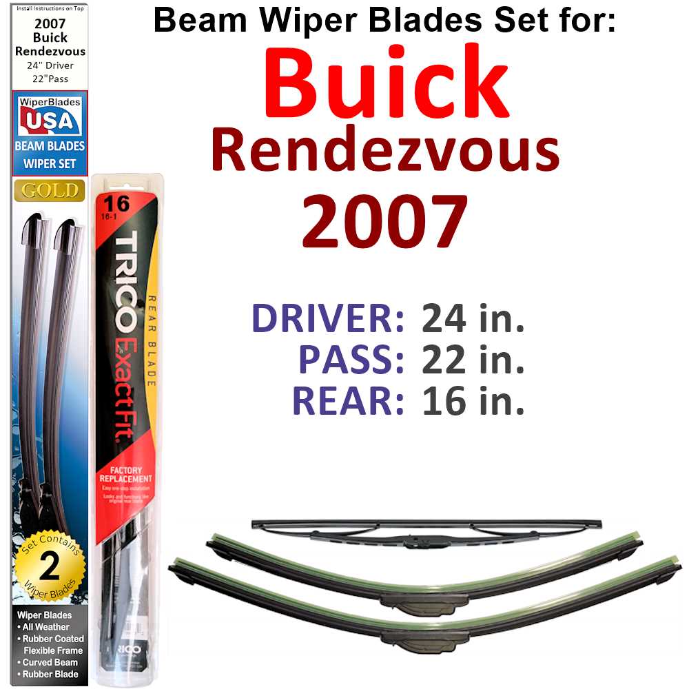 Set of 3 Beam Wiper Blades designed for 2007 Buick Rendezvous, showcasing their flexible and durable construction.